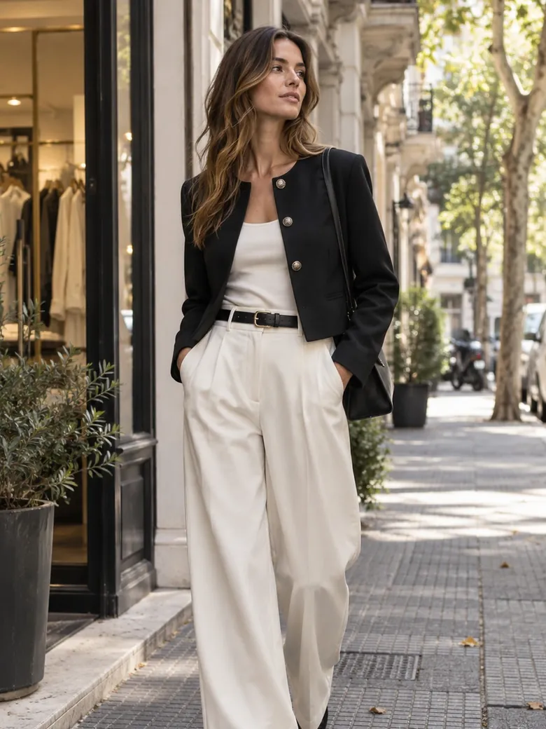 Chica con chaqueta corta negra de botones dorados y pantalón sastrero crema caminando por la vereda